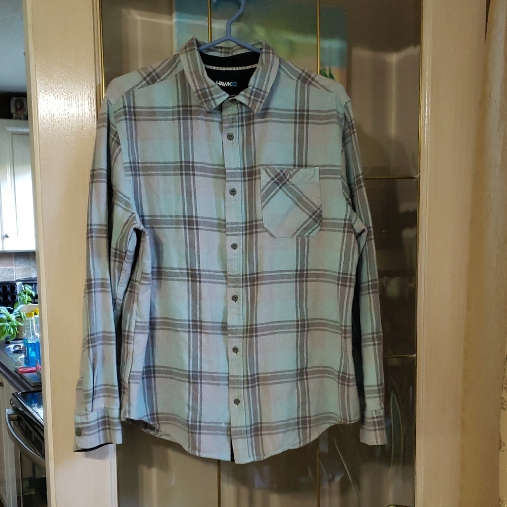 Hawk Shirt Mens Large Plaid Flannel Long Sleeve Blue Grey.